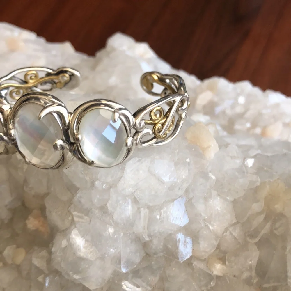 Carolyn Pollack Designer Sterling Silver Brass MOP Cuff Bracelet Boho Casual